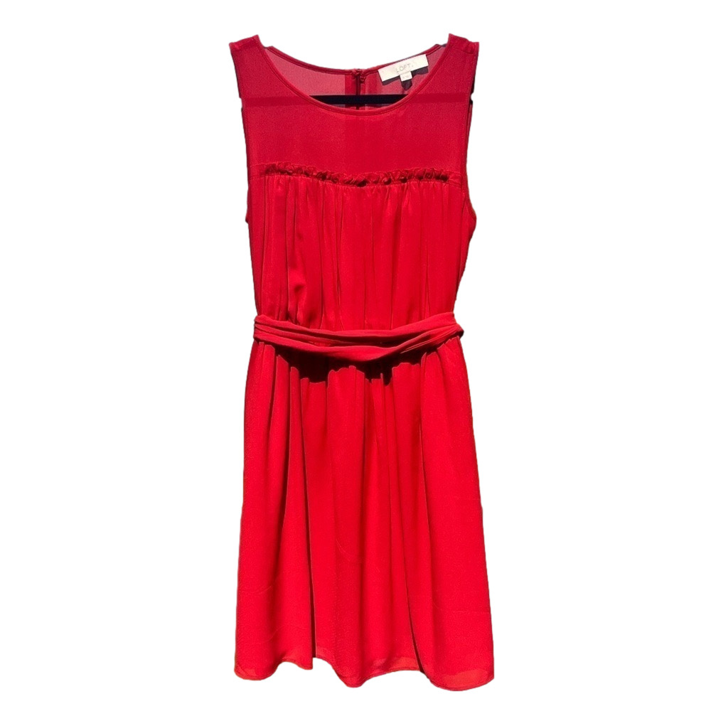 LOFT red chiffon belted dress with keyhole back